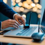 Uma pessoa acessando as configurações de um roteador em um computador, olhando o histórico de navegação