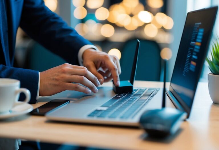 Uma pessoa acessando as configurações de um roteador em um computador, olhando o histórico de navegação