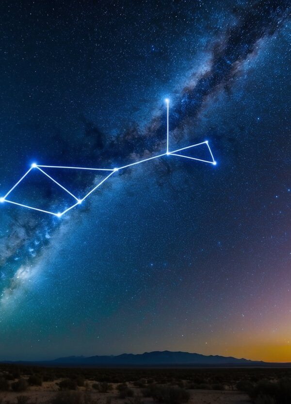 Uma paisagem cósmica vibrante com a constelação de Sagitário brilhando intensamente no céu noturno