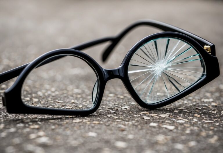 Um par de óculos quebrados deitados no chão, com as lentes trincadas e a armação torta.