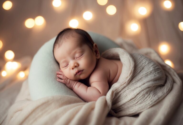 Uma cena de sonho de um bebê aconchegado nos braços, cercado por cobertores macios e uma luz suave e quente