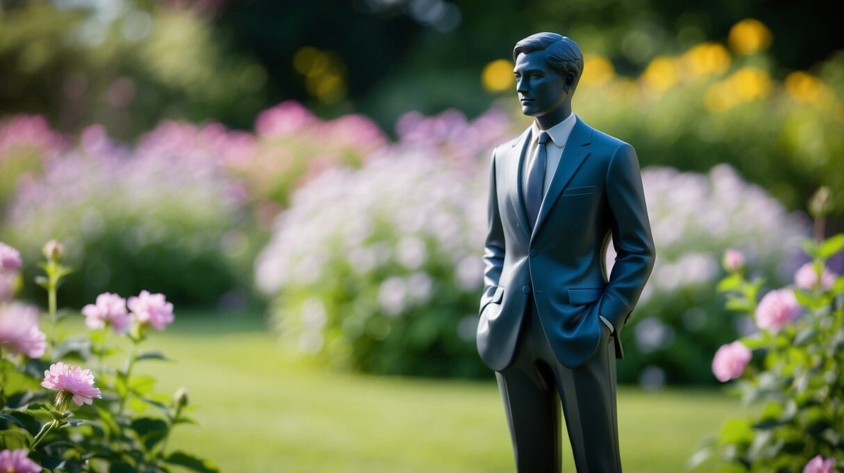 Uma figura de um homem em pé em um jardim pacífico, cercado por flores em flor e uma brisa suave