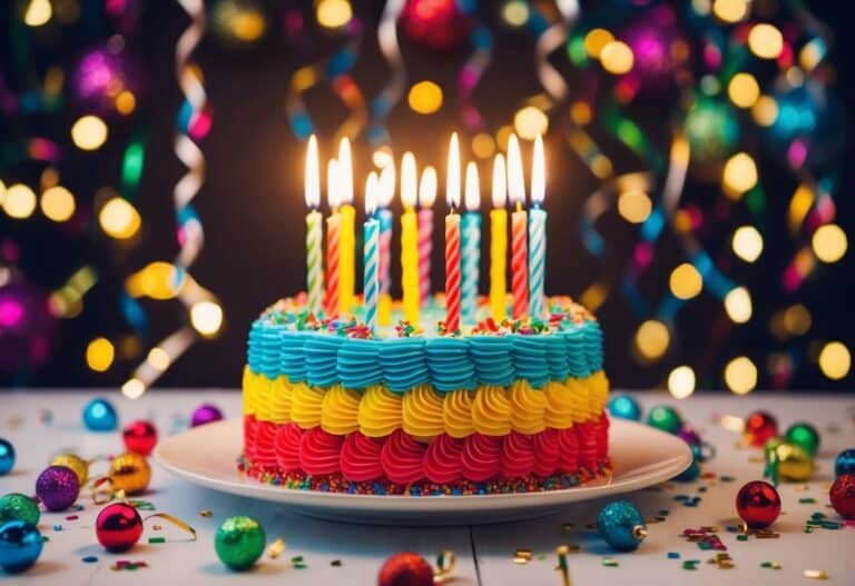 Um bolo de aniversário colorido cercado por decorações festivas e velas