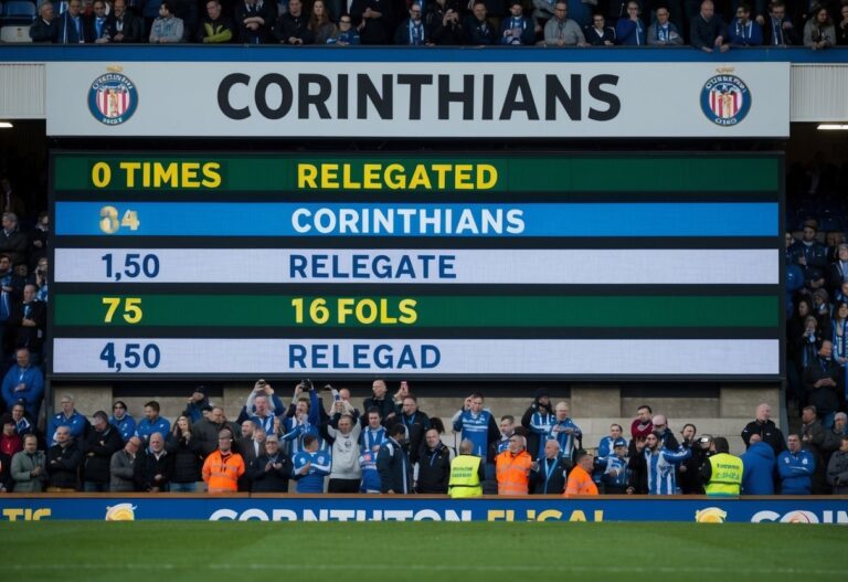Um placar mostrando o número de vezes que o Corinthians foi rebaixado, com torcedores parecendo decepcionados ao fundo.