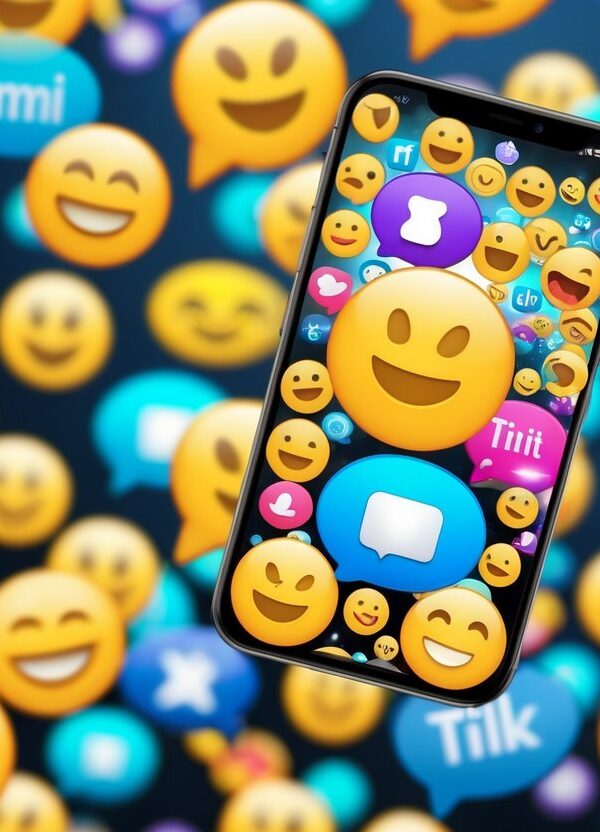 Um conjunto colorido de balões de fala e emojis espalhados por uma tela de smartphone