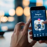 Uma mão alcançando um smartphone, navegando pelas configurações do Instagram para mudar de uma conta comercial para uma conta pessoal.