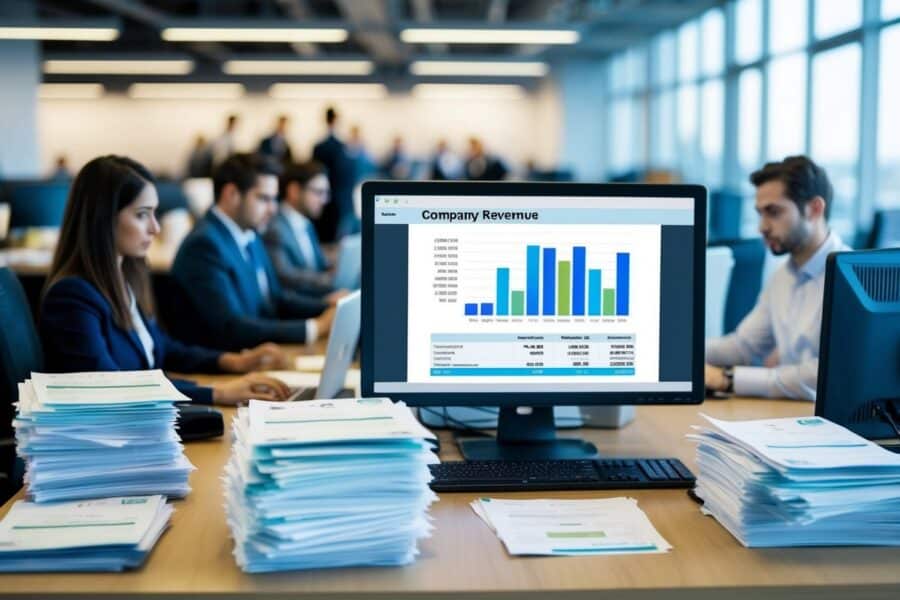 Um escritório movimentado com funcionários trabalhando diligentemente, uma pilha de faturas e relatórios financeiros em uma mesa, e uma tela de computador exibindo a receita mensal da empresa.