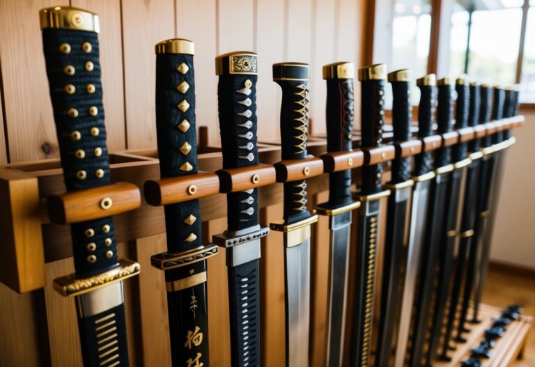 Uma coleção de vários tipos de katanas exibidas em um suporte de madeira, cada uma com designs de lâmina únicos e cabos intrincadamente detalhados.