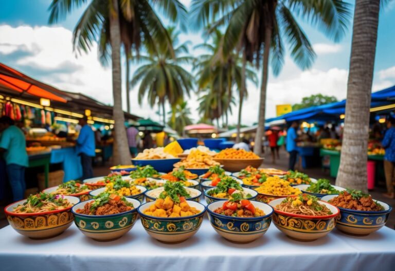 Uma mesa carregada com tigelas coloridas da culinária típica do Maranhão, cercada por palmeiras e um mercado vibrante