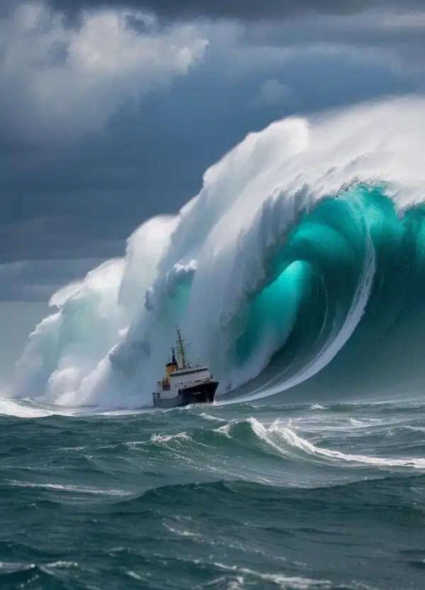 Um mar tempestuoso com ondas gigantescas se quebrando contra um navio, simbolizando os desafios da vida