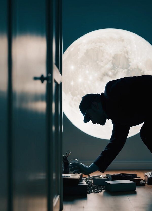 Um sonho de roubo: uma figura sombria esgueirando-se por um quarto iluminado pela lua, alcançando itens valiosos