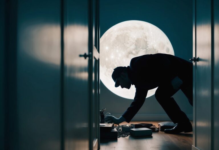 Um sonho de roubo: uma figura sombria esgueirando-se por um quarto iluminado pela lua, alcançando itens valiosos