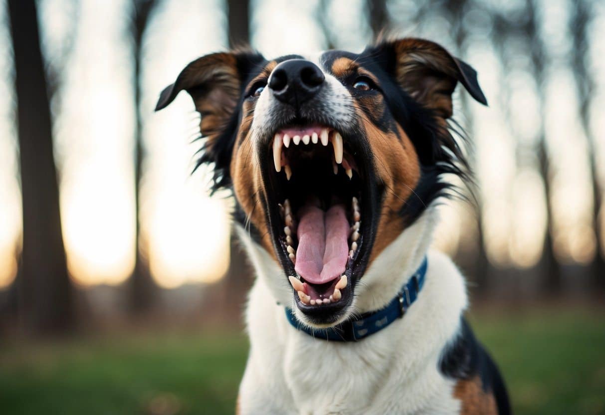 Um cachorro rosnando, com os dentes à mostra e os pelos eriçados