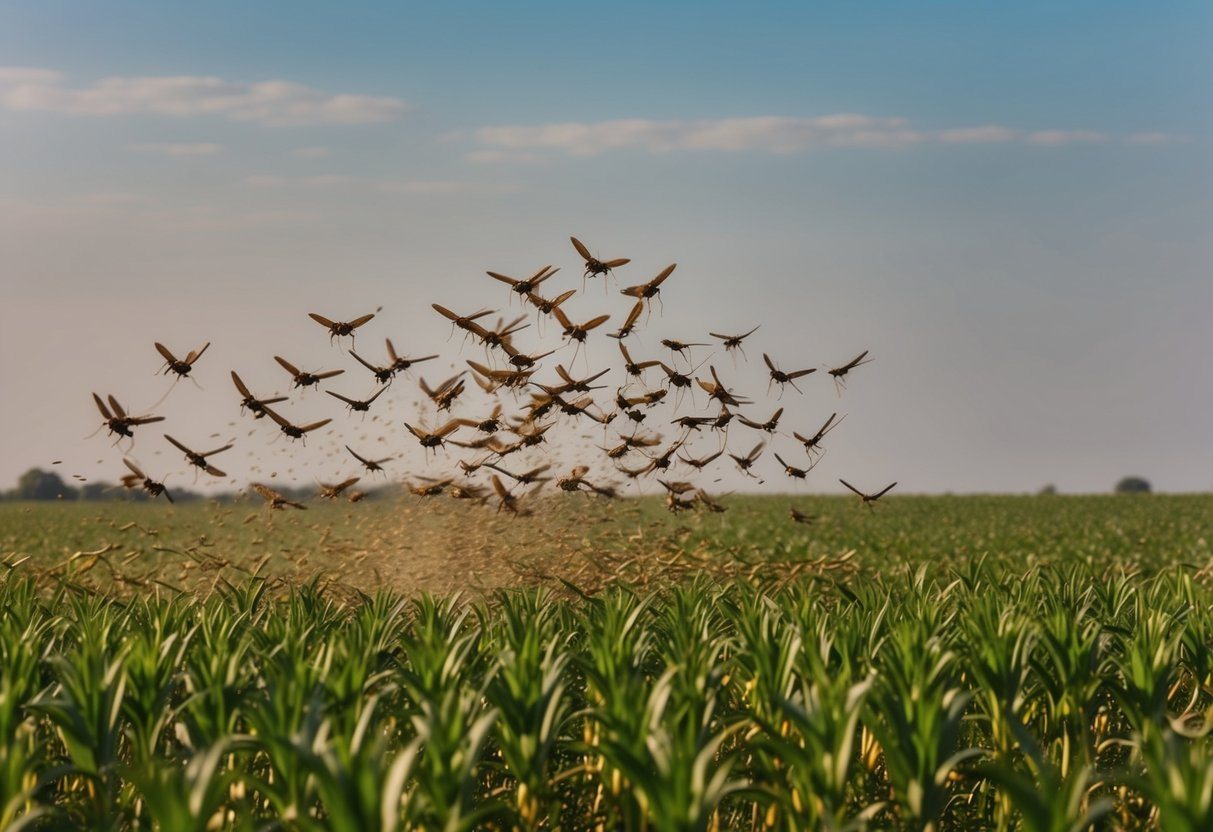 Um enxame de gafanhotos descendo sobre um campo de culturas