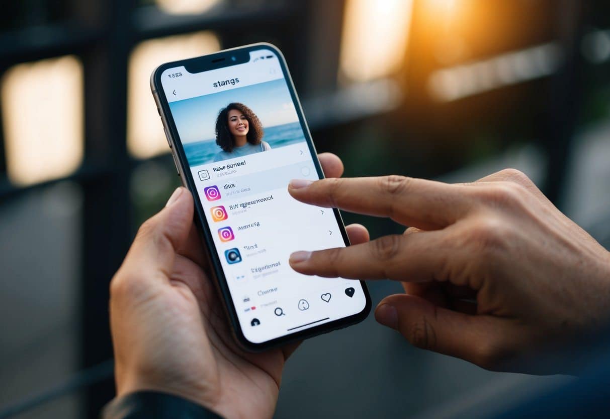 Uma pessoa usando um smartphone, navegando pelas configurações e selecionando a opção para mudar sua conta do Instagram para uma conta pessoal.
