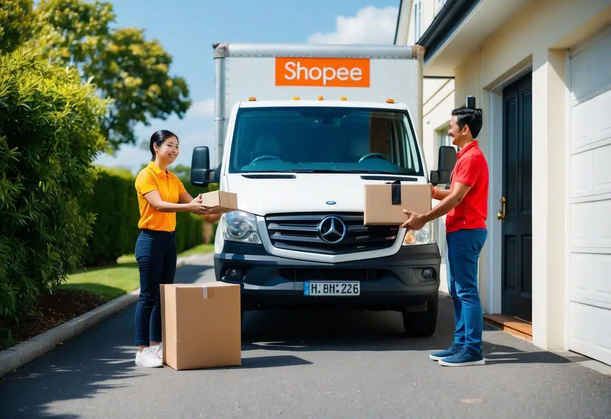 Um caminhão de entrega estacionado do lado de fora de uma casa em um dia ensolarado de fim de semana, com um pacote da Shopee sendo entregue a um cliente sorridente na porta.