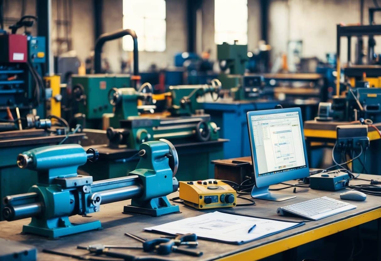 Uma oficina industrial movimentada com várias ferramentas e máquinas, incluindo um torno e equipamentos de soldagem. Uma mesa de engenheiro com desenhos técnicos e um computador.