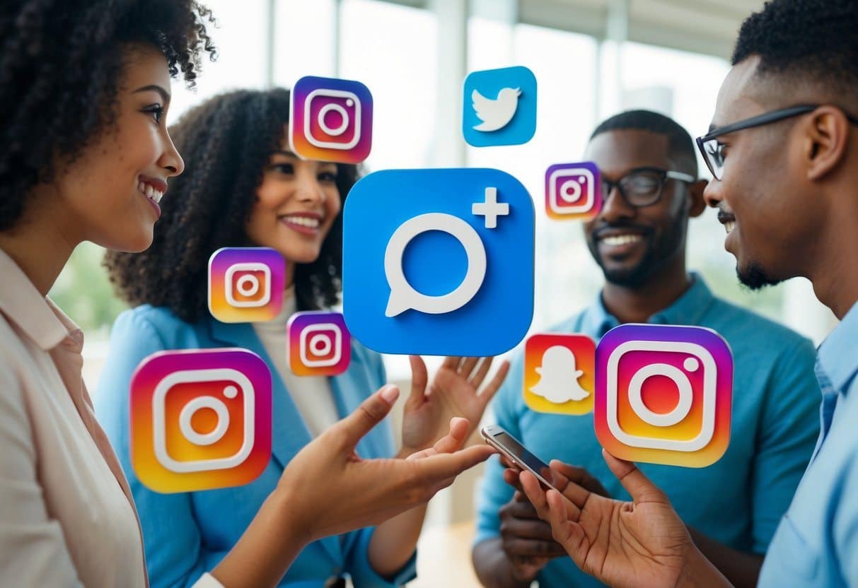 Um grupo de ícones diversos do Instagram se envolve em conversa e interação, simbolizando usuários se conectando e se comunicando na plataforma.
