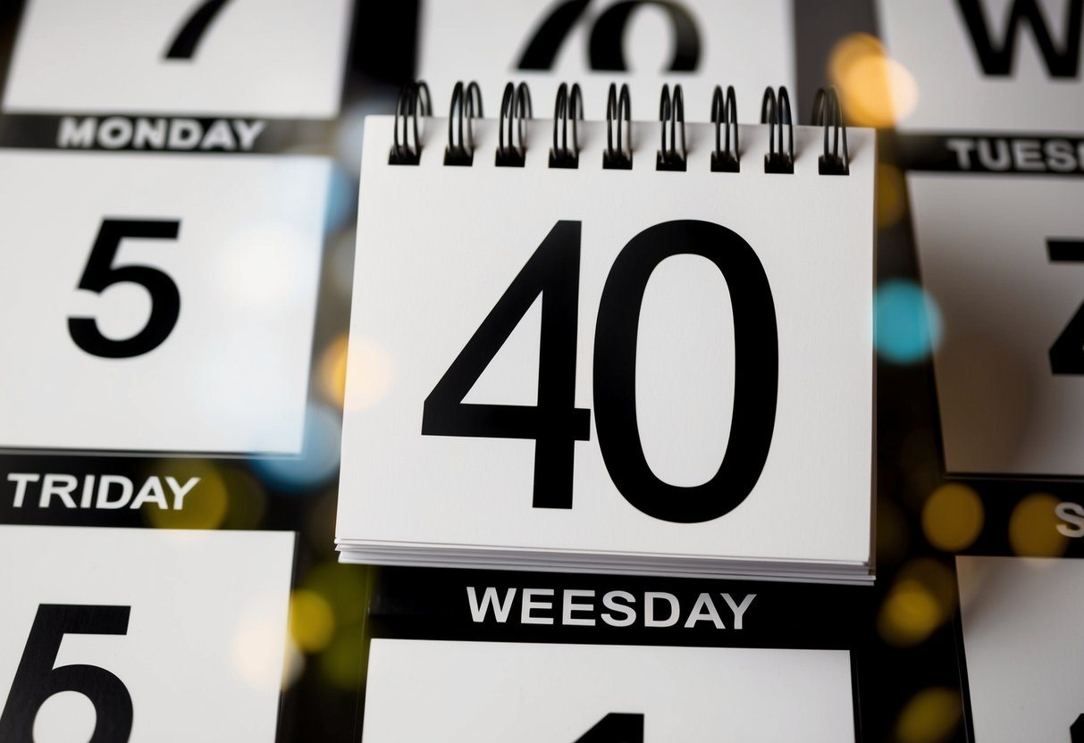 Um calendário com sete quadrados em branco, cada um representando um dia da semana, e o número "40" exibido de forma proeminente no centro