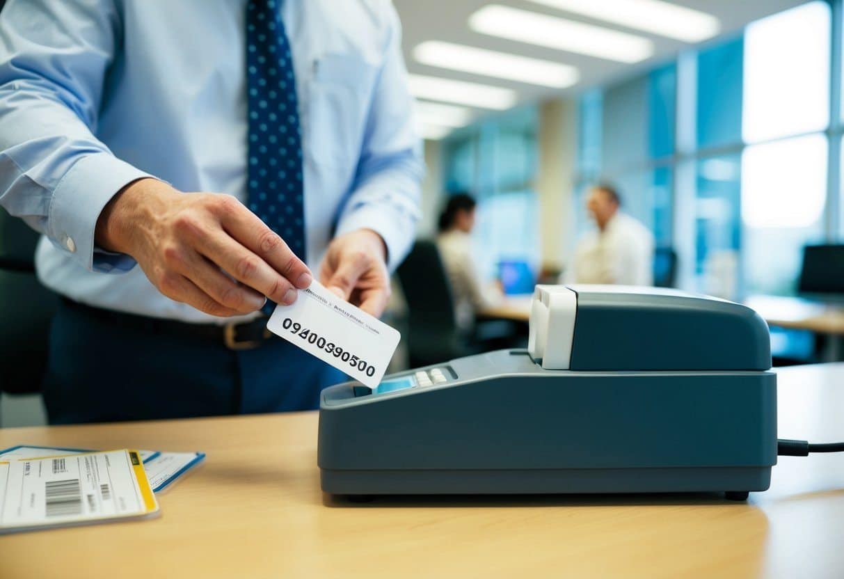 Uma pessoa em um escritório do governo segurando um cartão de identificação em branco enquanto uma máquina imprime e valida o número de identificação.