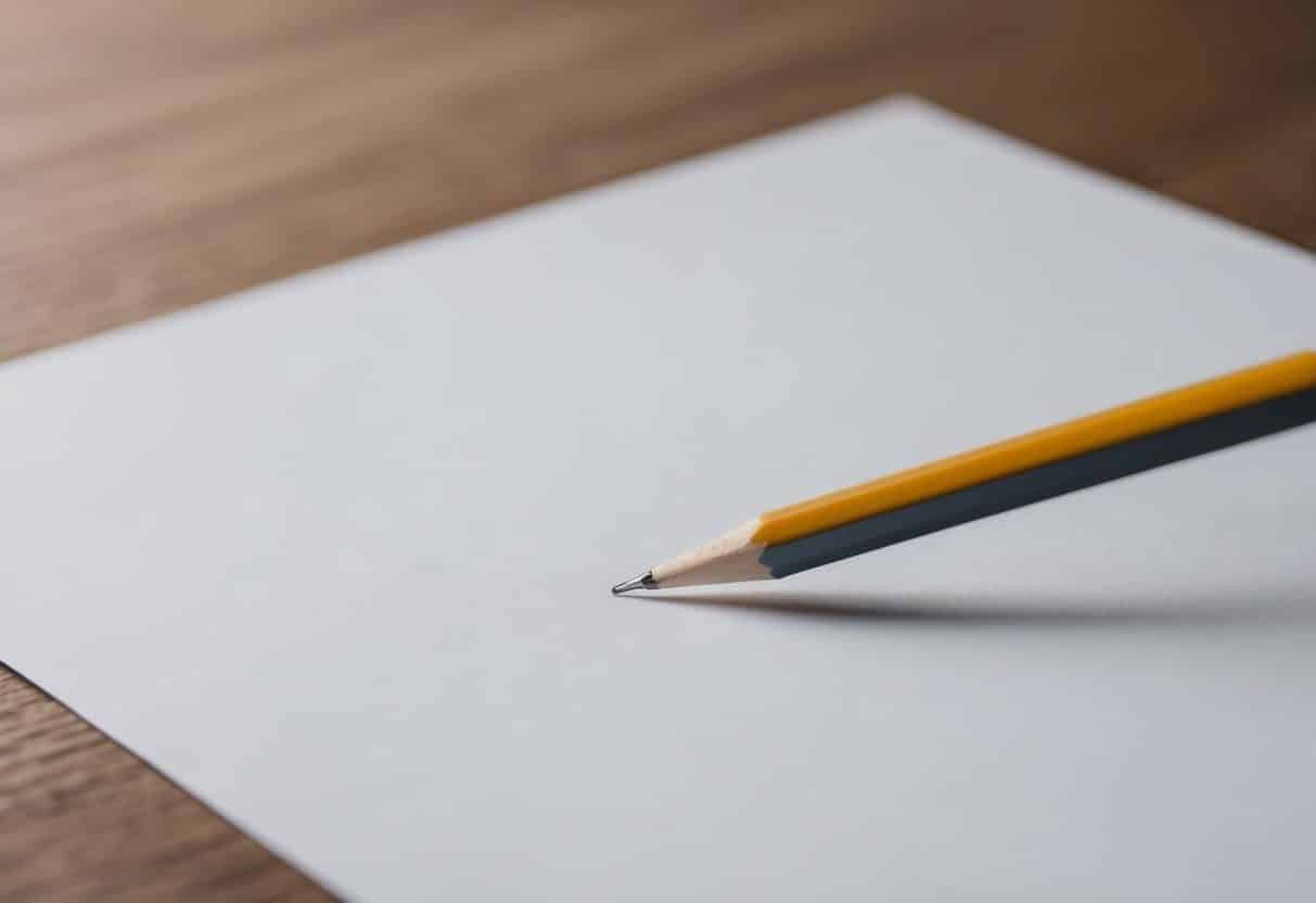 Uma folha em branco com um lápis pairando acima, pronto para começar a escrever