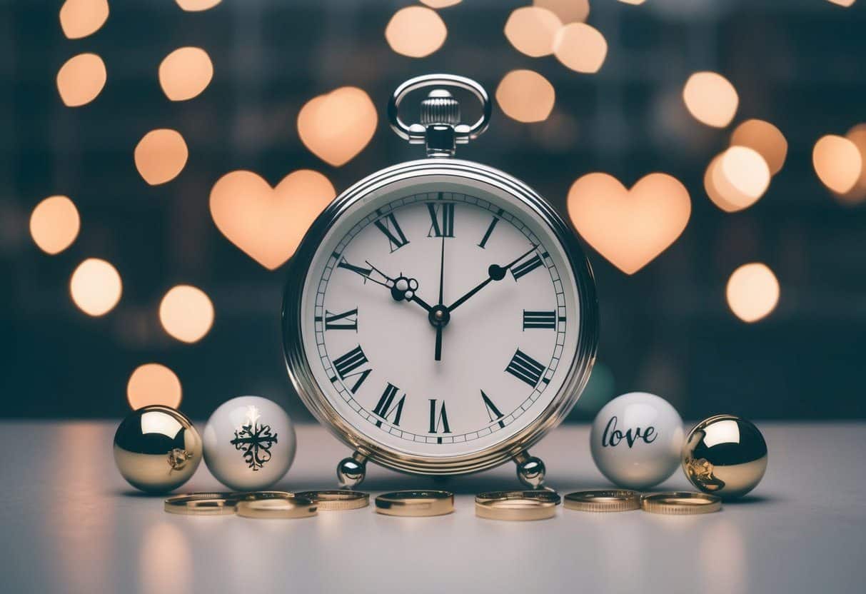 Um relógio batendo meia-noite, cercado por símbolos de amor e vida