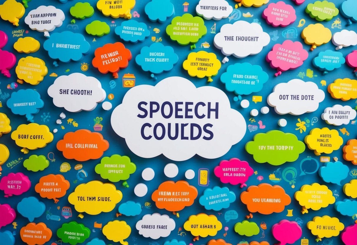 Uma variedade colorida de balões de fala e nuvens de pensamento com várias frases e citações, cercadas por ilustrações vibrantes e caprichosas