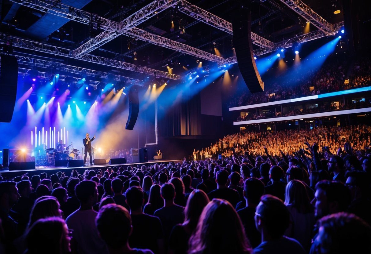 Um local de concerto animado com luzes de palco, uma multidão de fãs e um artista cantando no palco