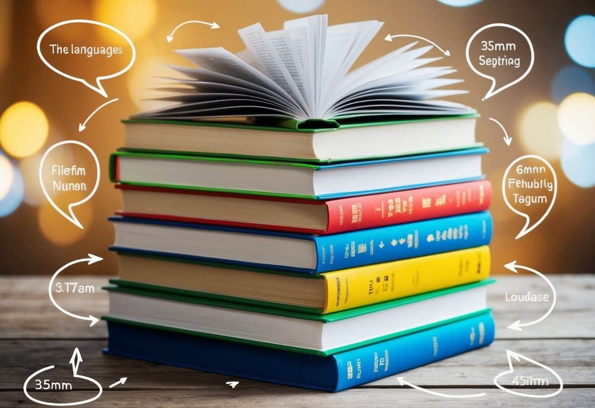 Uma pilha de livros coloridos com páginas abertas, cada um exibindo um idioma diferente, cercada por balões de fala e linhas de conexão.