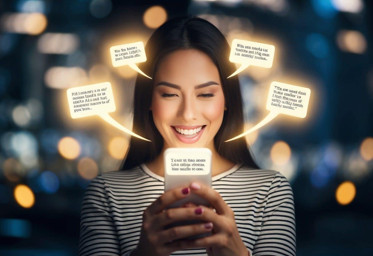 A tela do telefone de uma mulher se ilumina com uma série de mensagens atraentes de um remetente desconhecido, causando uma onda de emoção e expectativa.