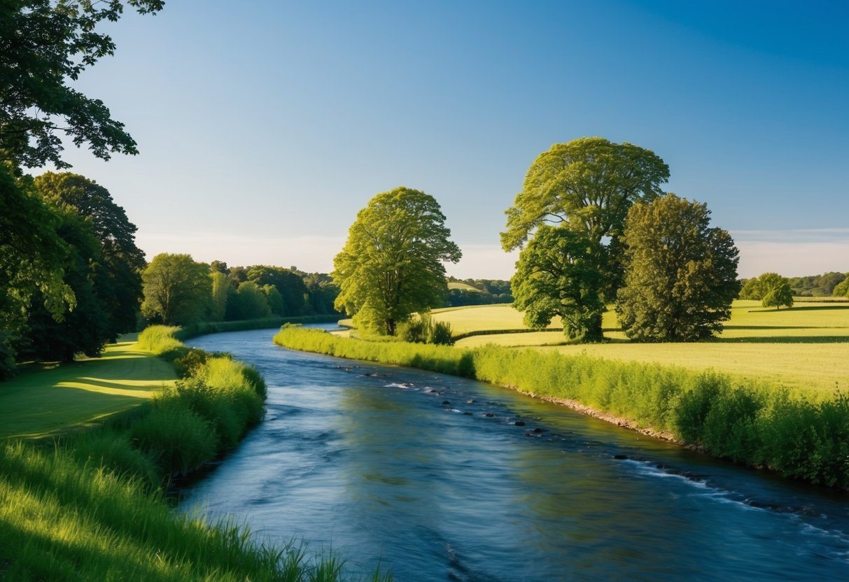 Uma paisagem rural serena com um rio sinuoso, árvores verdes exuberantes e um céu azul claro