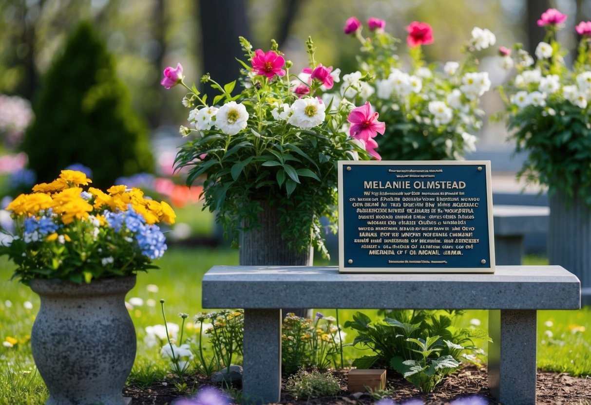 Um jardim memorial com flores florescendo, um banco e uma placa dedicada a Melanie Olmstead