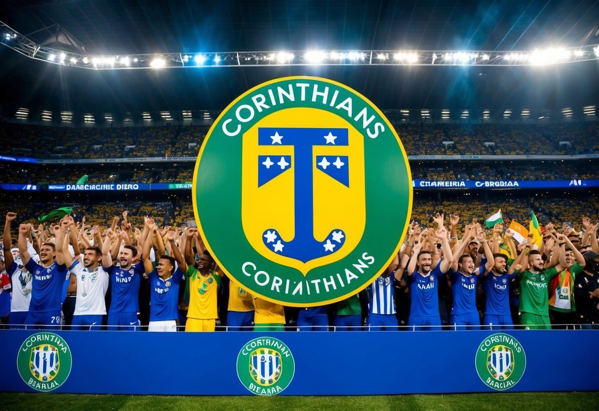 A jornada do Corinthians no Campeonato Brasileiro, com o escudo e as cores do time exibidos orgulhosamente, cercados por torcedores animados e um estádio cheio de energia.