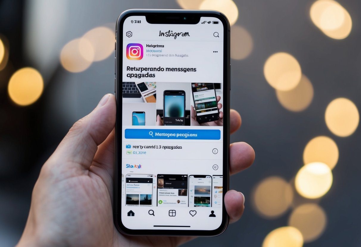 Uma tela de smartphone com o aplicativo Instagram aberto, mostrando uma busca por "recuperando mensagens apagadas" na barra de pesquisa.