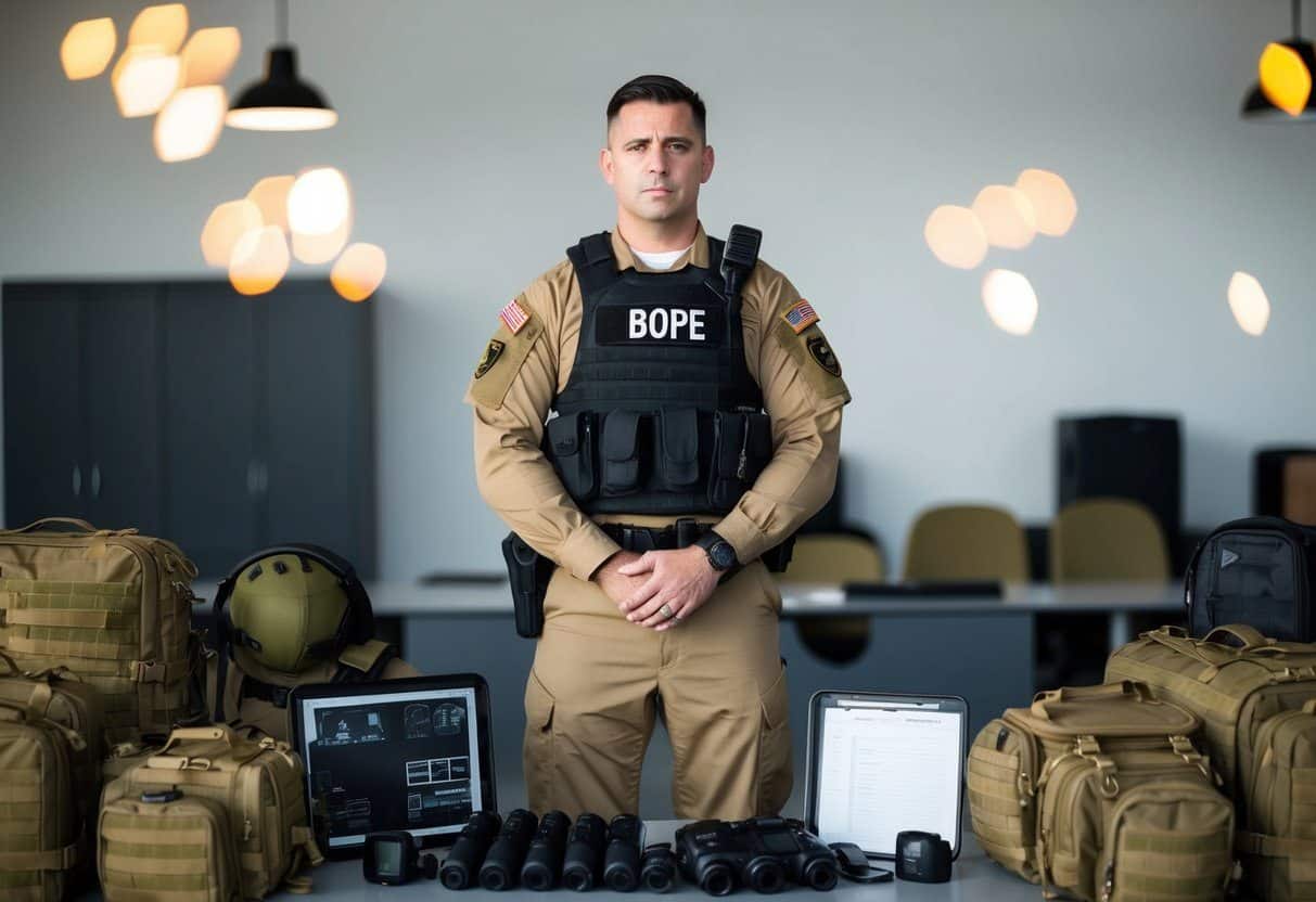 Um oficial do BOPE em pé, fardado e com equipamento, cercado por material tático e de treinamento.