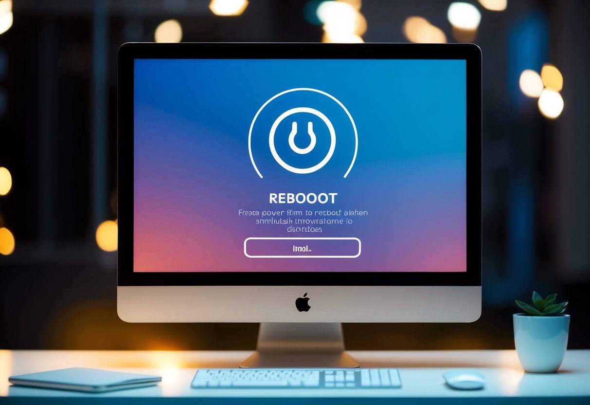 Uma tela de computador exibindo um prompt para reiniciar o sistema com um ícone de botão de energia