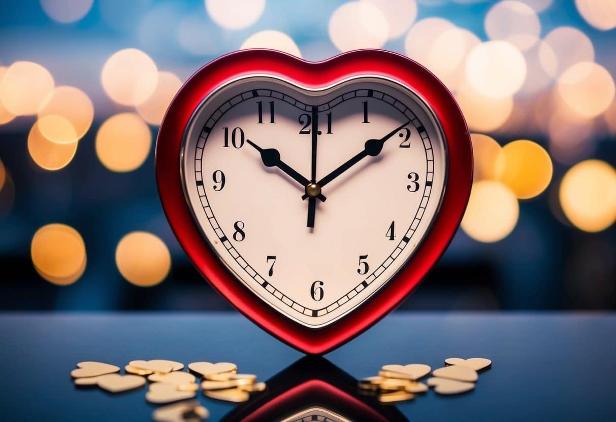 Um relógio em forma de coração ajustado para 21:21, com reflexos de amor e crescimento pessoal ao seu redor.