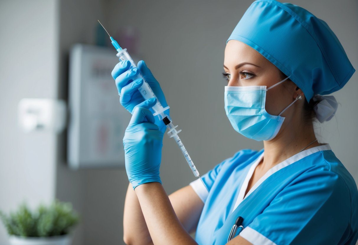 Uma enfermeira preparando uma seringa em um ambiente médico