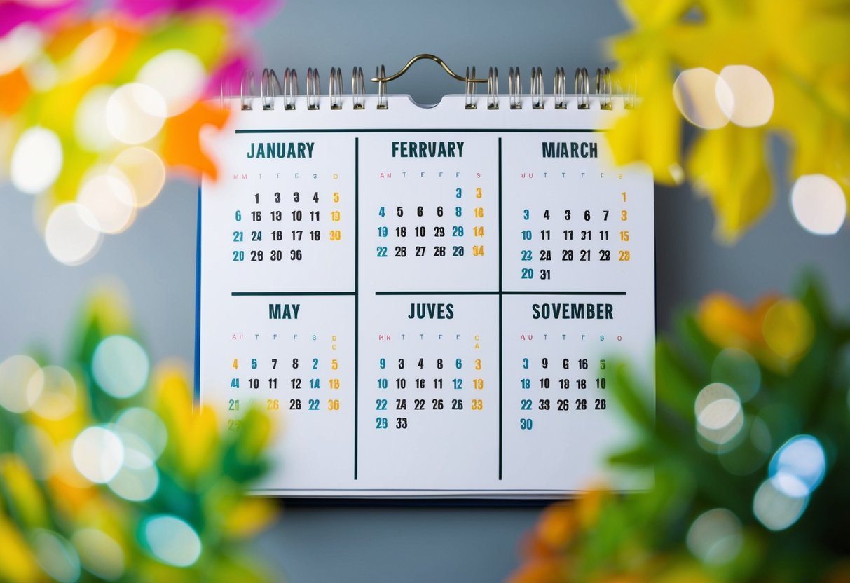 Uma página de calendário para o ano de 2025, com 365 dias marcados em um formato de grade, rodeada por ilustrações coloridas das quatro estações.