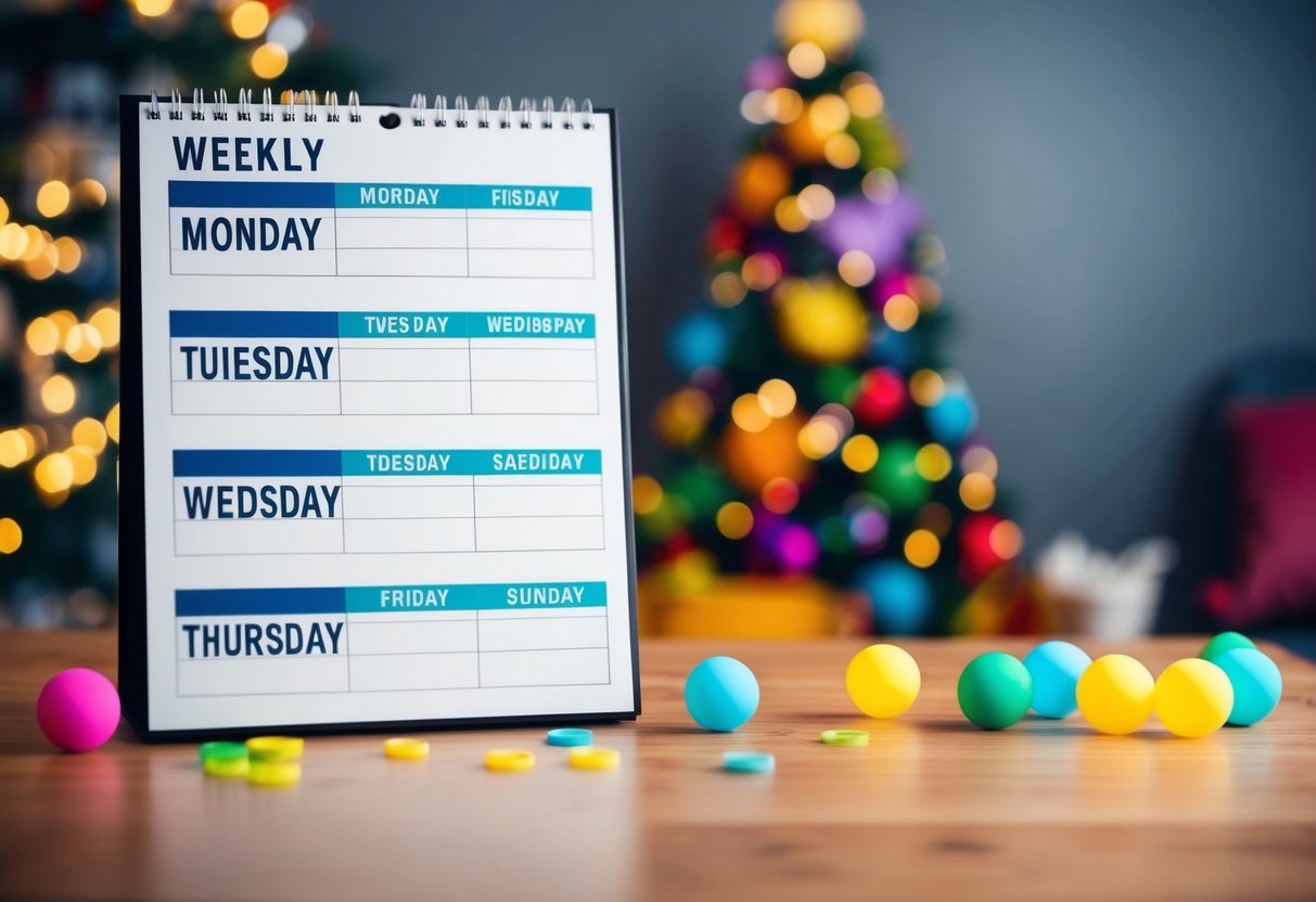 Um organograma semanal com os dias da semana rotulados, levando a uma cena festiva de fim de semana com decorações coloridas e atividades.