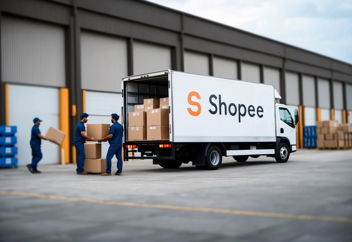 Um caminhão de entrega estacionado do lado de fora de um armazém da Shopee, com pacotes sendo carregados nele por trabalhadores.