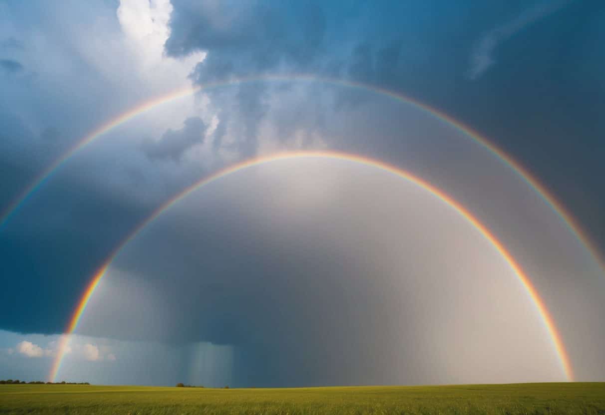 Um arco-íris brilhando sobre um céu tempestuoso, simbolizando a aliança de Deus com a humanidade