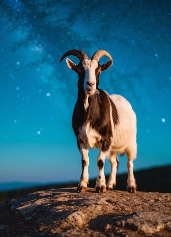 Uma cabra em pé em uma colina rochosa sob um céu noturno estrelado