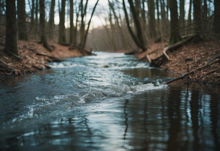 Um sonho de água turva fluindo por uma clareira na floresta