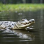 Um crocodilo nadando em um pântano turvo, seu corpo escamoso parcialmente submerso enquanto ele se esconde sob a superfície.