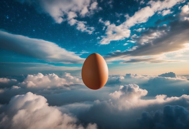 Um ovo de galinha flutuando em uma paisagem onírica e surreal de nuvens e estrelas