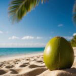 Um único coco verde descansando em uma praia de areia, cercado por folhagens tropicais vibrantes sob um céu azul claro