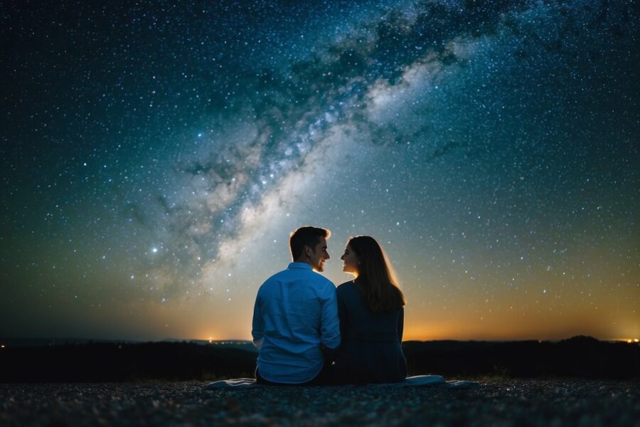 Um casal sentado sob um céu estrelado, olhando um para o outro às 22:22