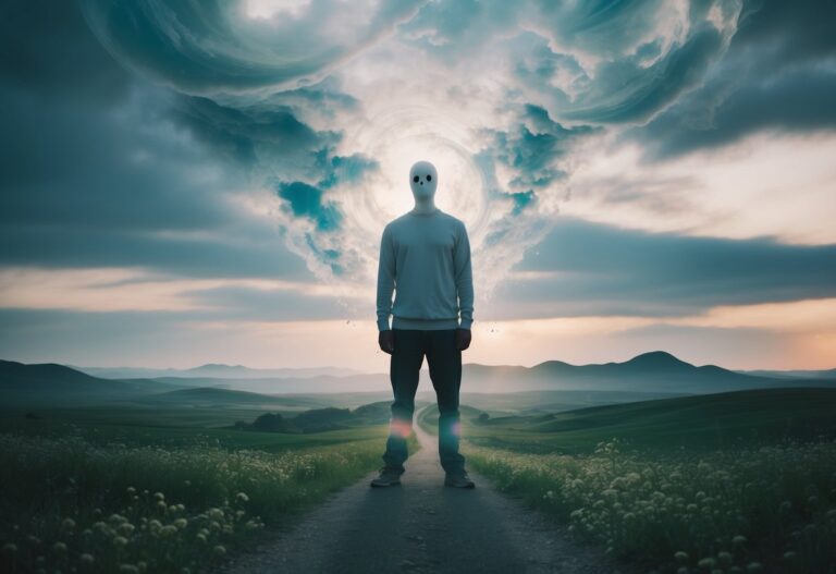 Uma paisagem onírica e surreal com uma figura fantasmagórica que se assemelha à ex-namorada do seu namorado, cercada por emoções e memórias que giram.
