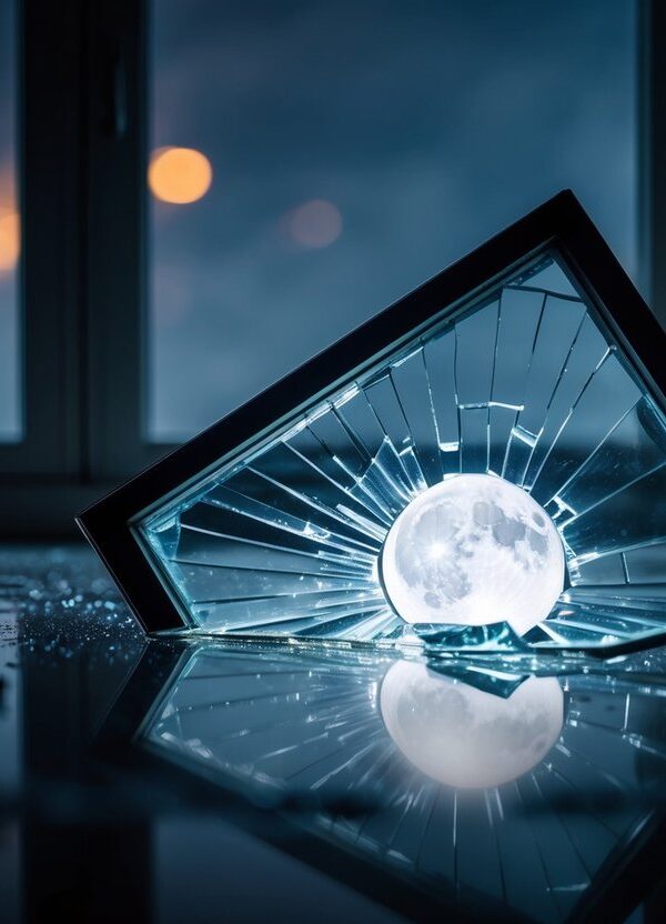 Um sonho de vidro quebrado: uma janela está quebrada no chão, refletindo a luz da lua em um quarto escuro e vazio.